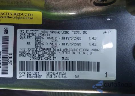 2017 Toyota Tundra Limited 5.7L V8 z USA, uszkodzony, nr VIN 5TFHW5F11HX645127